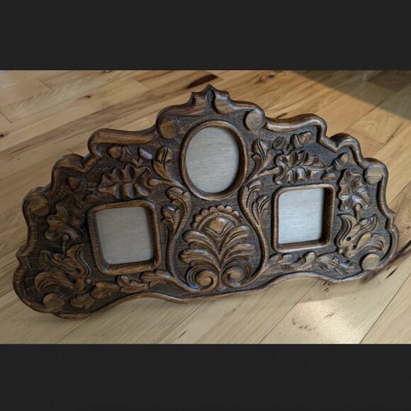 Vintage Wood Ornate Carved Frame Floral Likely Handmade 3 Picture Areas - Picture 1 of 3
